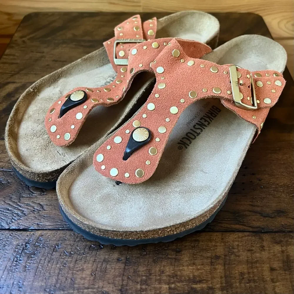 Birkenstock Gizeh Rivet Border Sandals 41 Dark Rust Terracotta Suede Thong Stud - Picture 2 of 16